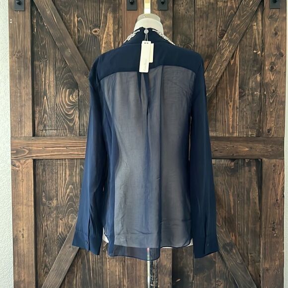 NWT Costa Blanca navy Blue sheer rhinestone collar top Sz-Small - Picture 6 of 13